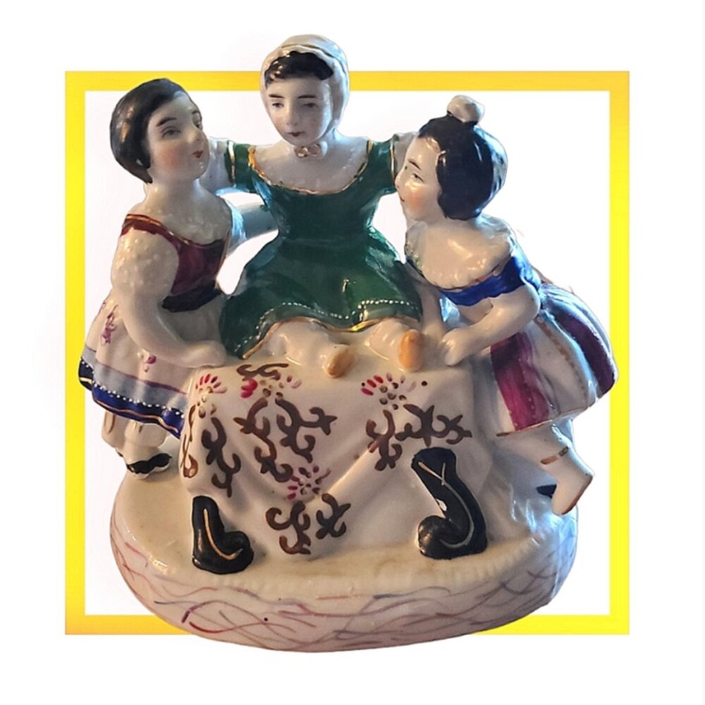 GERMAN PORCELAIN INKWELL "A TRIO OF CHILDREN AT PLAY" IN RARE PETITE SIZE